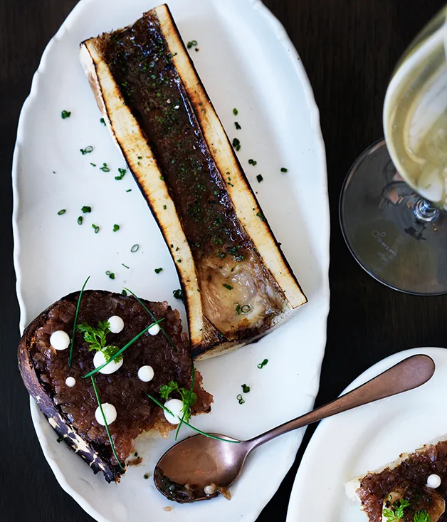 Roasted bone marrow with sweet and sour shallots and buttermilk