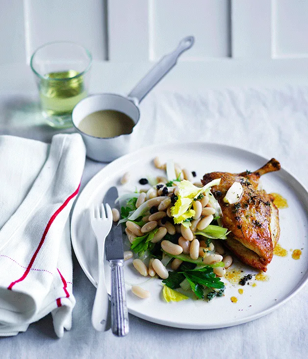 Roast chicken with celery, anchovy and white bean salad