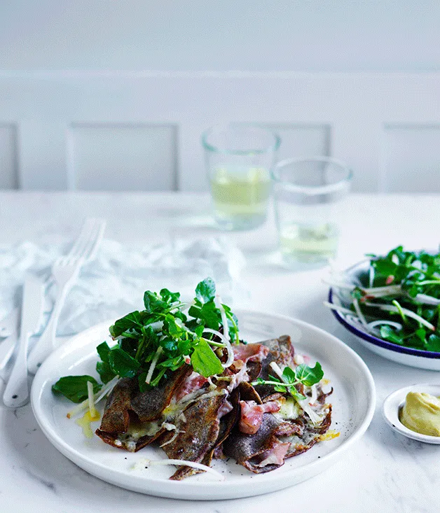 Ham and cheese buckwheat crêpes with apple and watercress