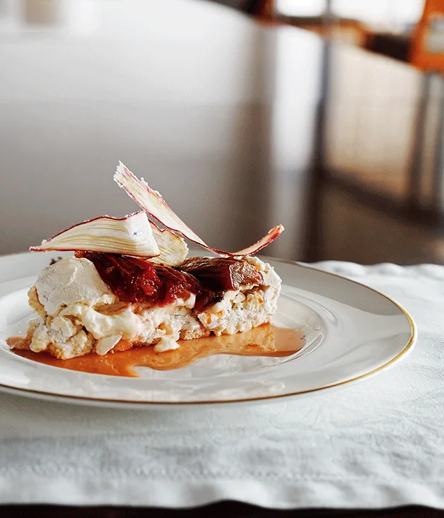 Pepperberry pavlova with rhubarb