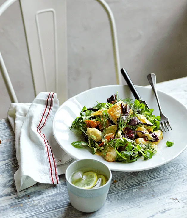 Chicken with baby beetroot, kipflers and beurre noisette dressing