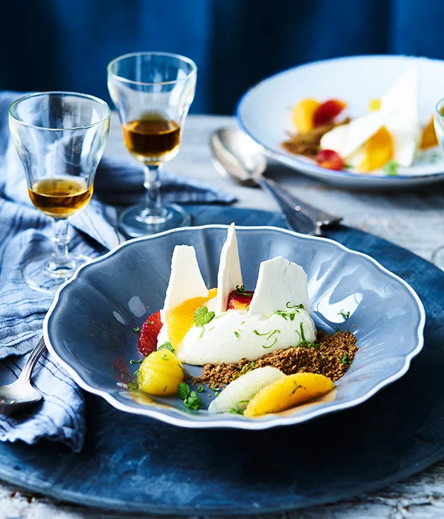 Philippe's almond blanc-manger with citrus, spéculoos and meringue