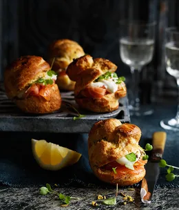 Chive gougéres with cured trout and crème fraîche