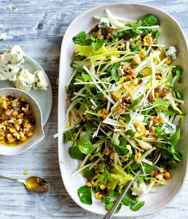 Apple, celery and Roquefort salad with roasted hazelnut-raisin dressing