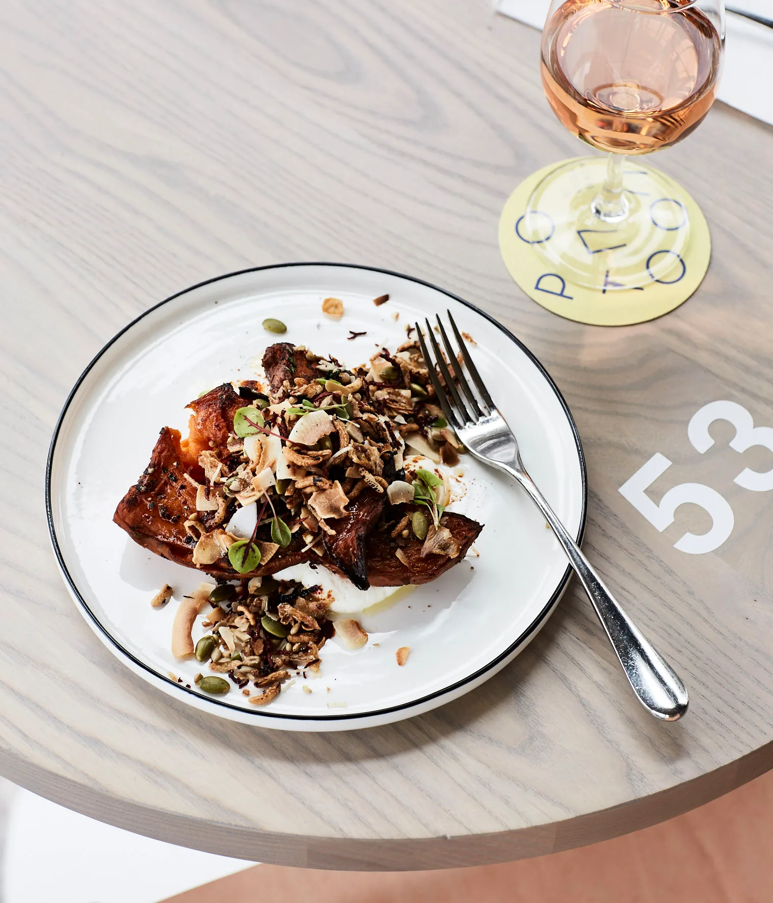 Pontoon's sweet potato with goat's curd, seeds and grains