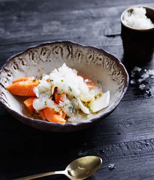 Papaya and young coconut salad with lime-rum granita