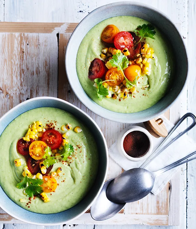 Chilled avocado soup with grilled corn