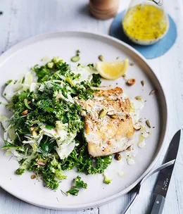 Roast barramundi with kale, fennel and broccoli slaw