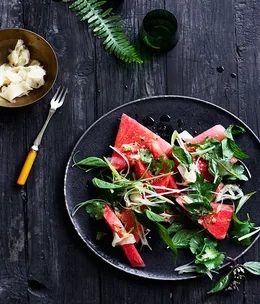 Watermelon, herb and pickled ginger salad with ginger-pepper dressing