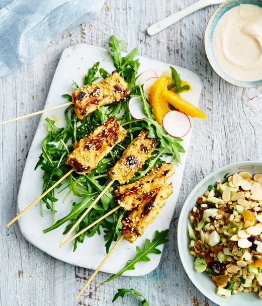 Como Shambhala’s spiced chicken skewers with barley, fruit and nut salad