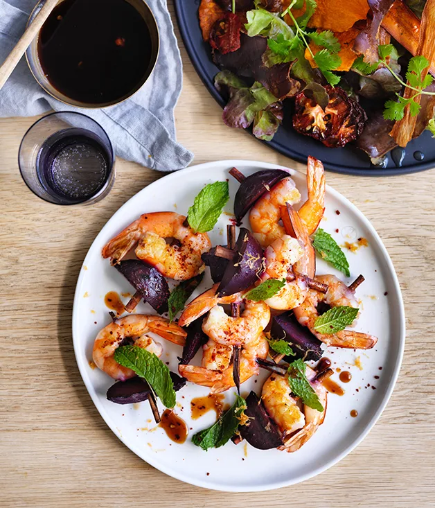 Grant Achatz's grilled prawns and beetroot with chilli and smouldering cinnamon