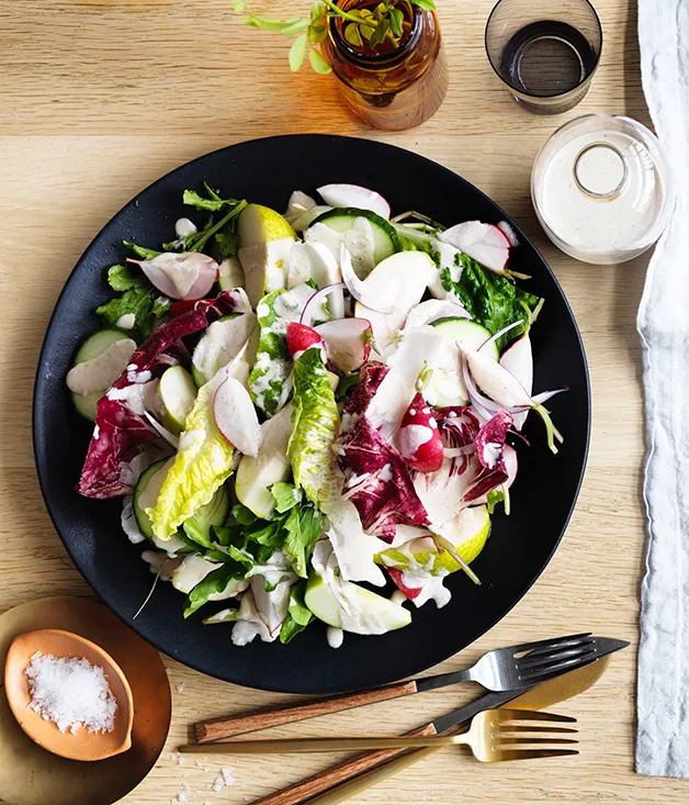 Grant Achatz's cucumber, orchard fruits and lettuces with white sesame, white pepper and white miso dressing