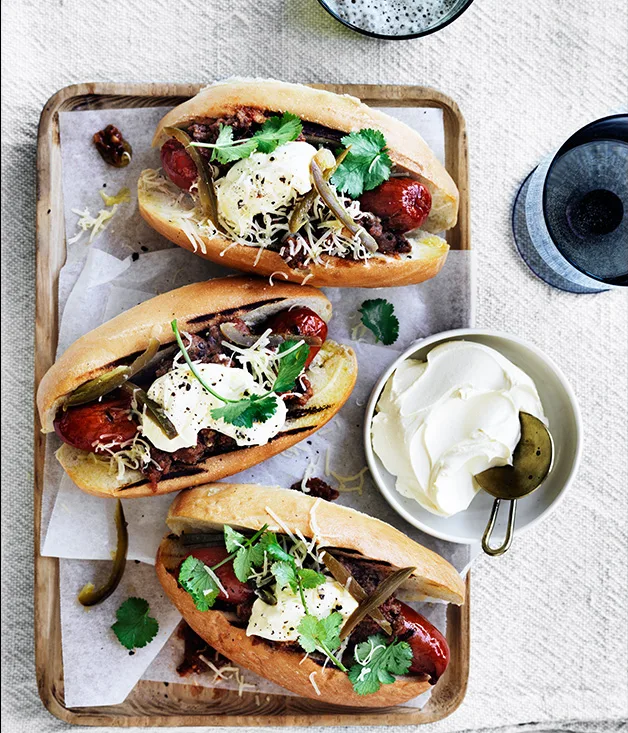 Chilli dogs with pickled jalapeño and coriander recipe