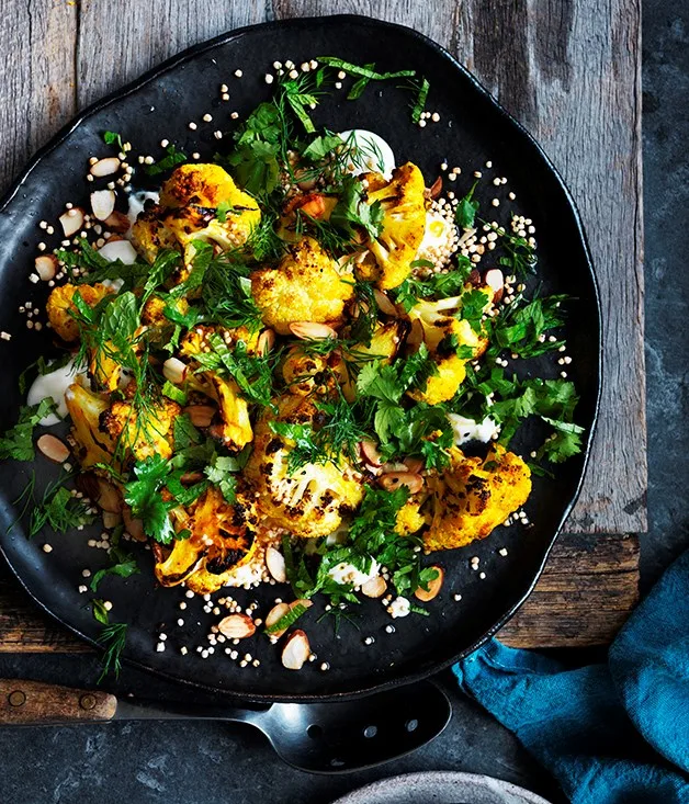 Roasted cauliflower salad with yoghurt dressing and almonds