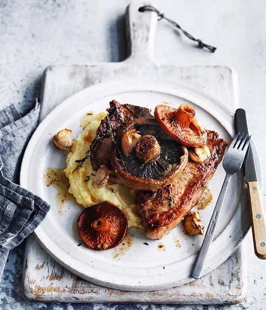 T-Bone Steaks with Garlic Buttered Mushrooms and Mash