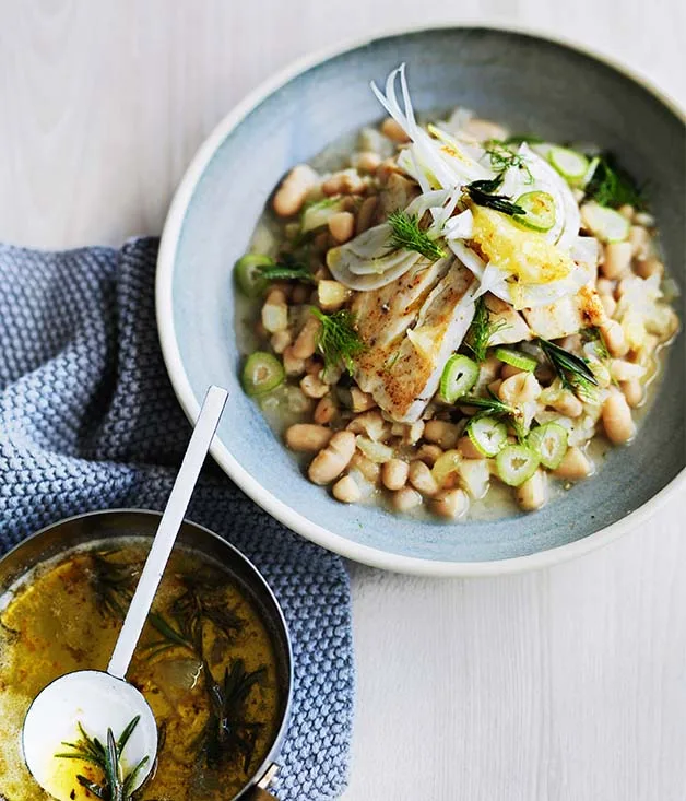 Roast mulloway with white beans, fennel and lemon recipe