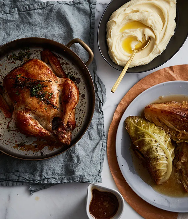 Epocha's roast chicken, braised Savoy cabbage, prune and butter sauce