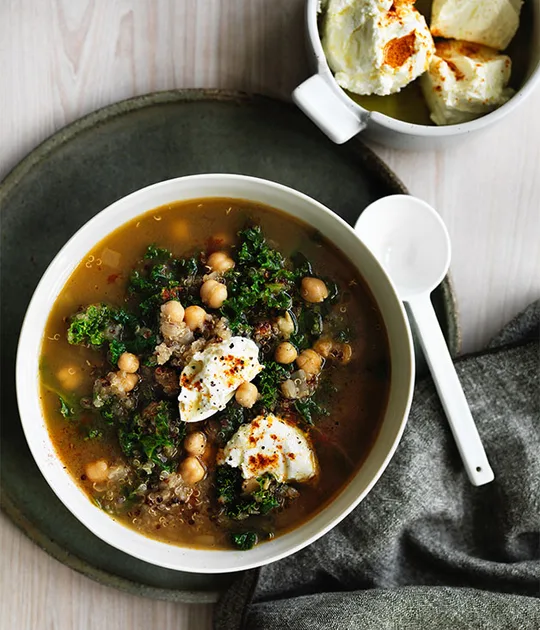 Chickpea, Quinoa and Kale Soup with Labne