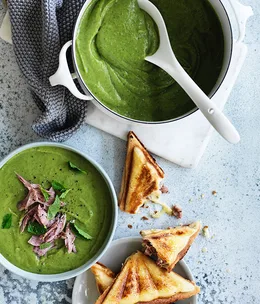 Split pea and ham soup with ham and cheddar jaffles