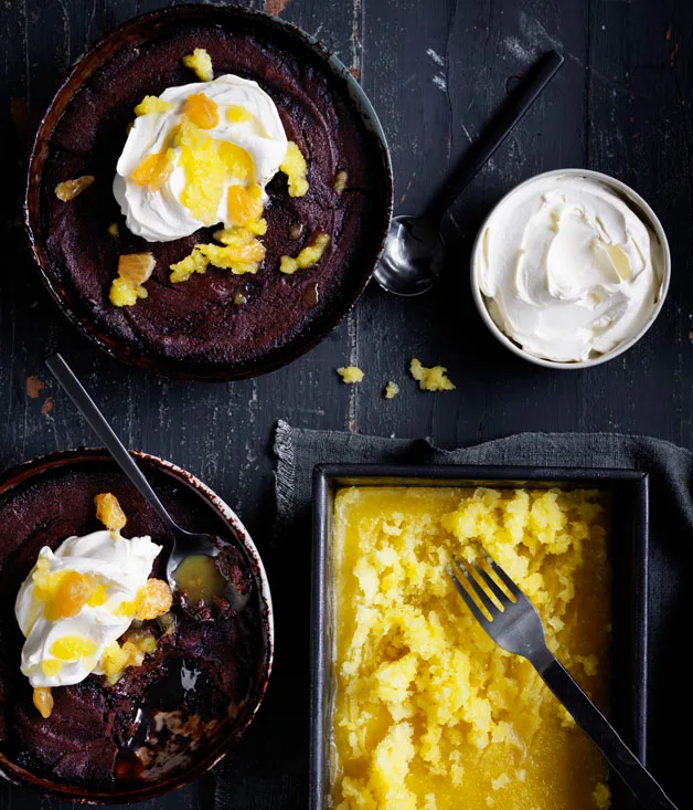 Choc-mandarin pudding with mandarin granita