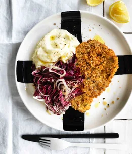 Pork schnitzel with parsnip mash