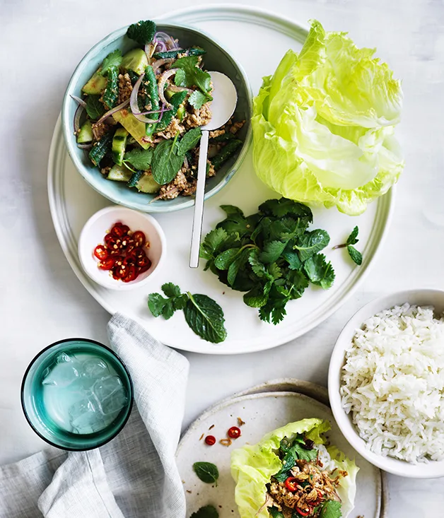 Pork larb with green beans, cucumber and mint