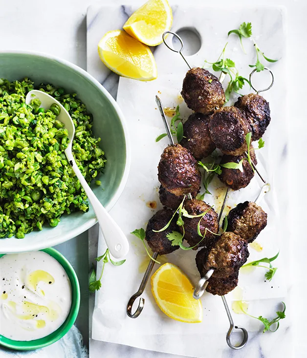 Lamb kofte with pea tabbouleh and garlic yoghurt