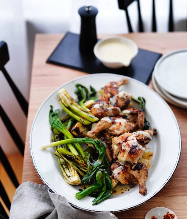 Char-grilled spatchcock, celery heart, fennel and spring onions with lemon sauce