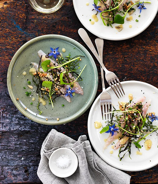Cured leatherjacket with horseradish vinaigrette