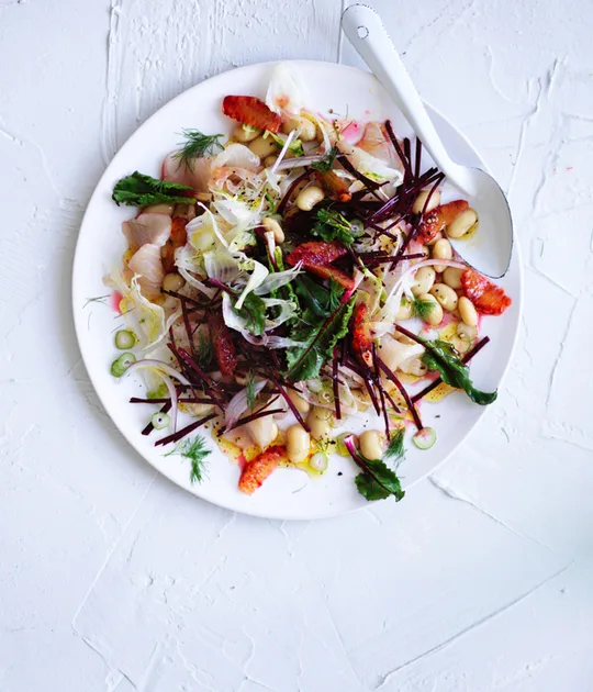 Kingfish Crudo with White Beans and Blood-Orange Dressing