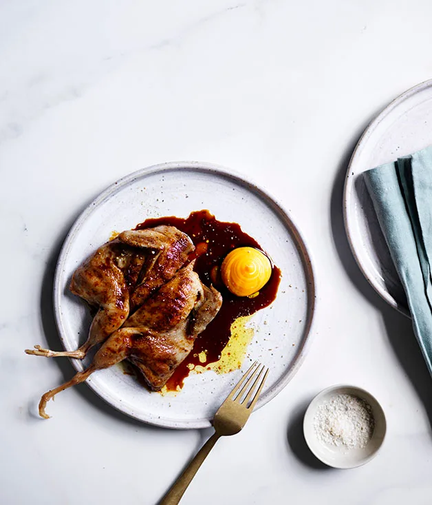 Grilled quails with salted egg yolk sauce