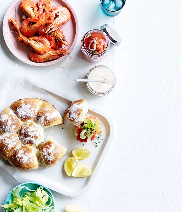 Prawn rolls with pickled tomatoes and celery