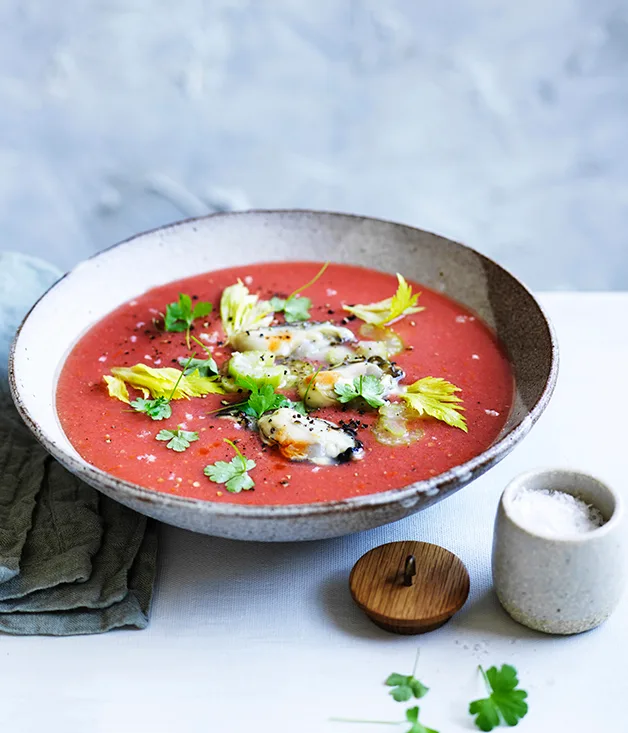 Gazpacho with pickled celery and oysters