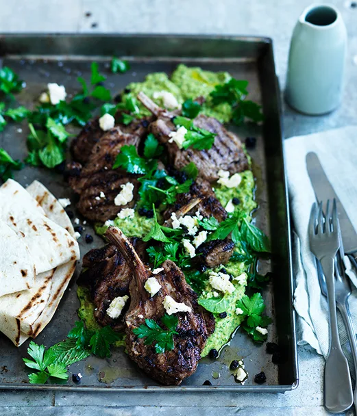 Sumac and coriander lamb cutlets with green hummus