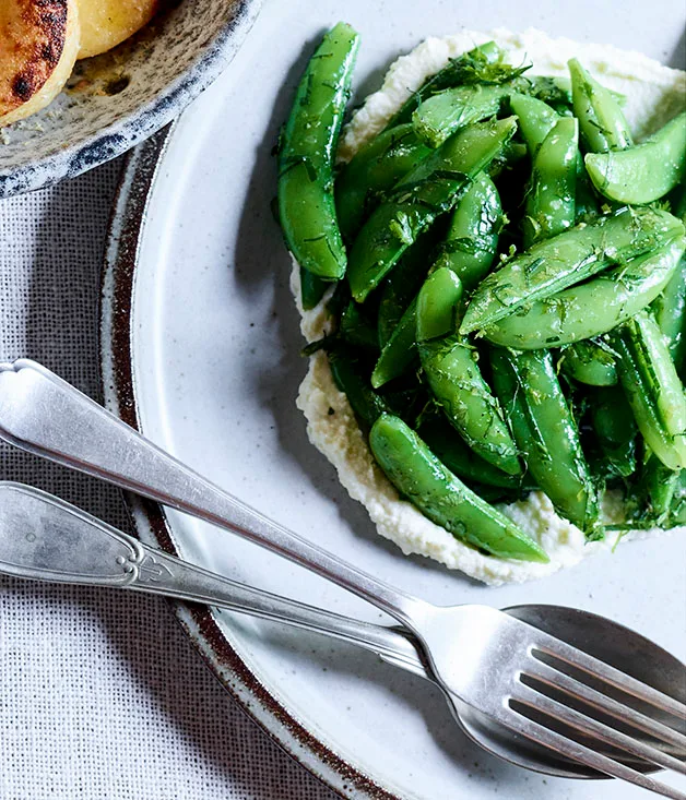 Sugar snap, lime, ricotta and fines herbes salad by Dave Verheul