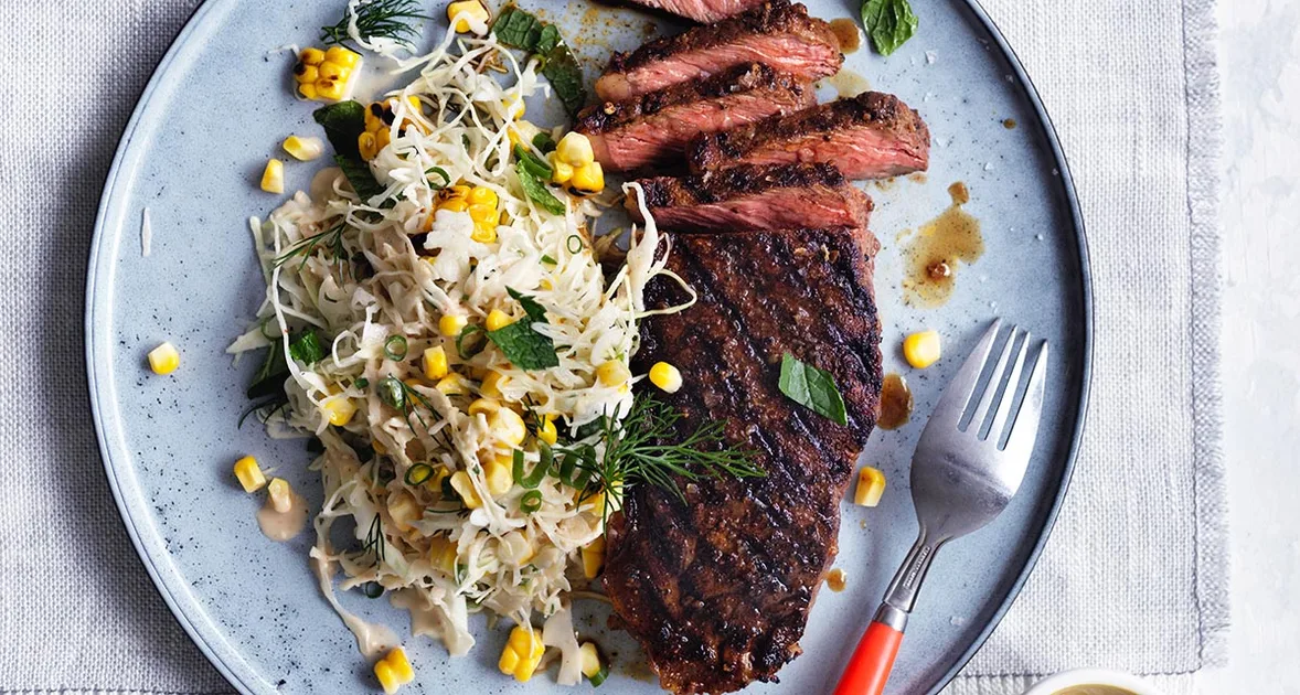 Smoky Sirloin Steaks With Corn And Cabbage Slaw