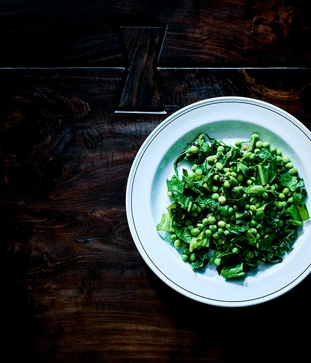 Grilled peas with bitter greens