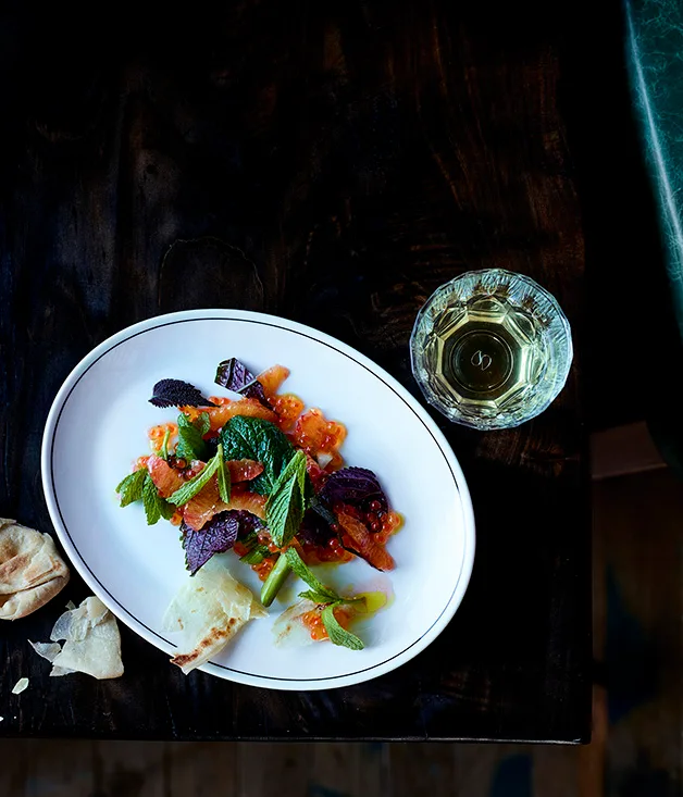 Salmon roe with mint and flatbread