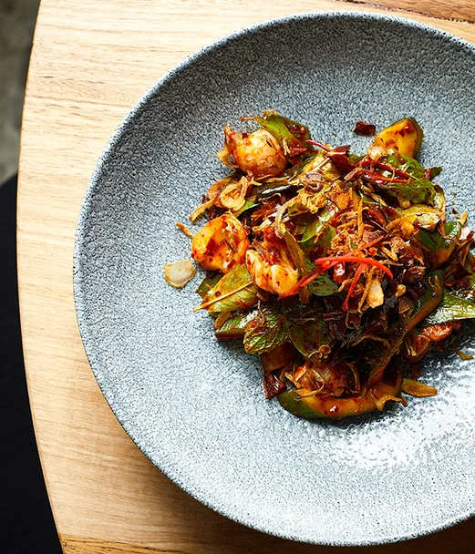 Grilled pork belly, lychee salad and chilli jam