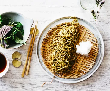 Chilled green-tea soba with grated daikon and dipping sauce
