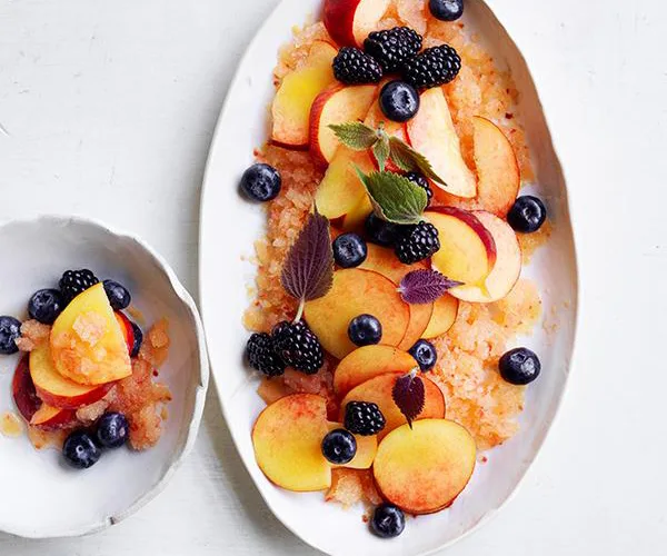 Peaches and blackberries with ginger-kombucha granita