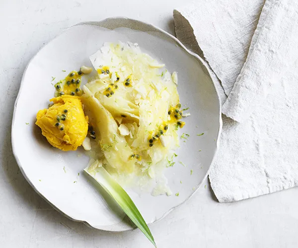 Pineapple carpaccio with mango sorbet