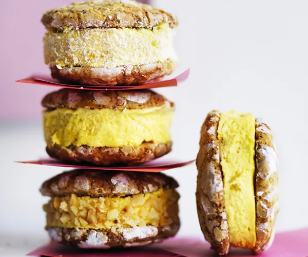 Passionfruit-white chocolate semifreddo sandwiches