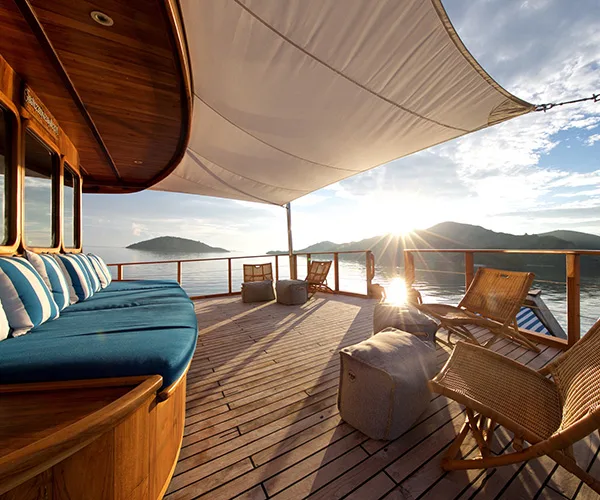 The upper foredeck of Rascal, a charter yacht that can be taken anywhere in Indonesia