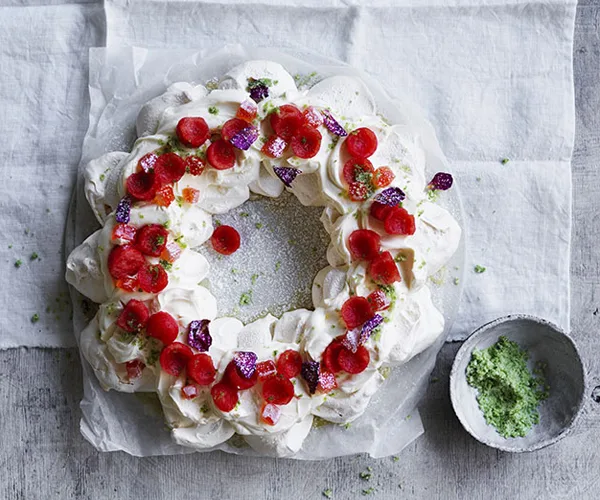 Watermelon-rose pavlova wreath