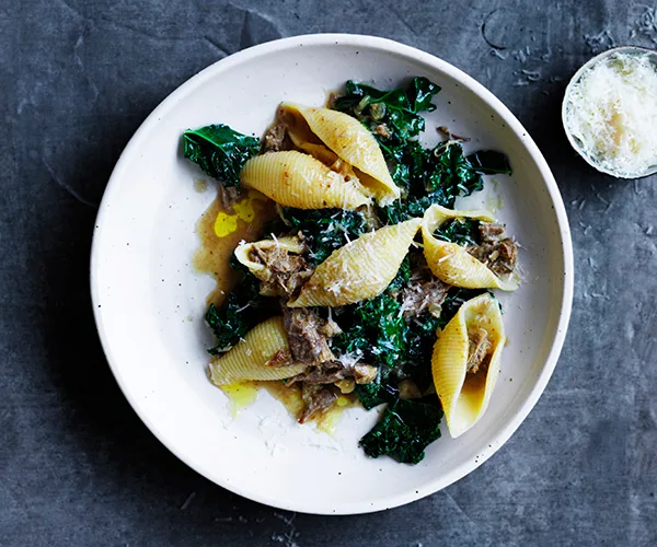 Conchiglione with ragù bianco, anchovies and wilted kale