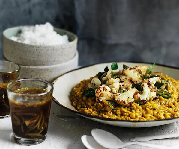 Dhal with crisp cauliflower and rasam