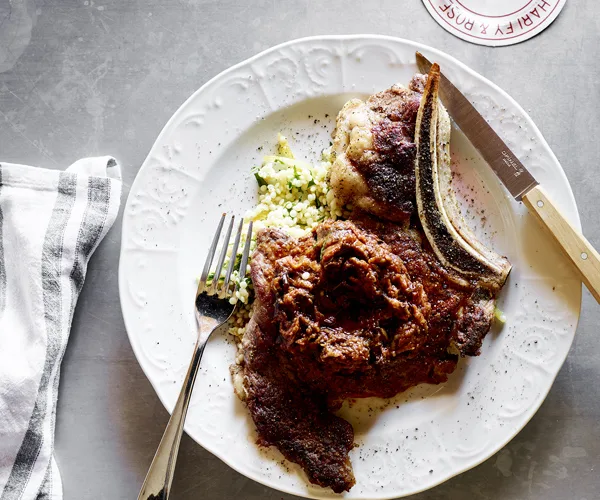 Prime-rib minute steak, spiced eggplant and lemon couscous