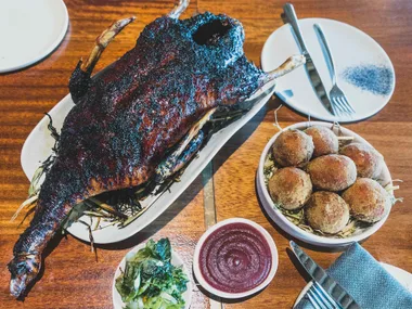 Cory Campbell's dishes of roast duck and savoury yam and millet cakes, based on a passage from Bruce Pascoe's book Dark Emu