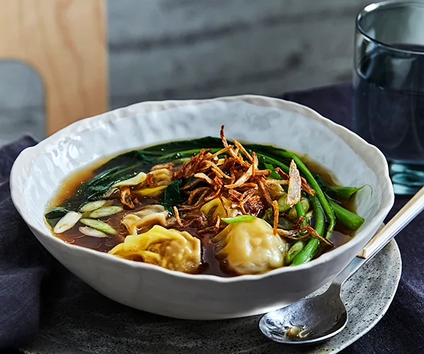 Shobosho's chicken and prawn wontons, chicken dashi and Chinese broccoli